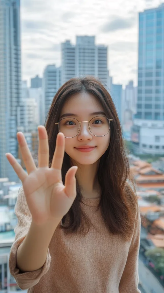 A young woman with long brown hair and round glasses holds up her hand, showing five fingers. She's wearing a light beige sweater and is standing in front of a blurred city backdrop of tall buildings.  The image has a soft, warm feel, and the woman appears friendly and approachable.