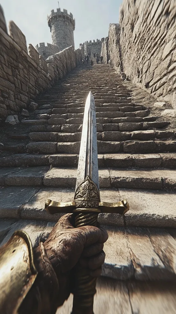 A first-person view shows a gloved hand gripping a medieval dagger. The ornate dagger is pointed upwards towards a long stone staircase ascending to a medieval castle.  Soldiers are seen marching up the stairs towards the castle, creating a sense of impending battle or conflict.  The scene is gritty and realistic, suggestive of a video game or film.