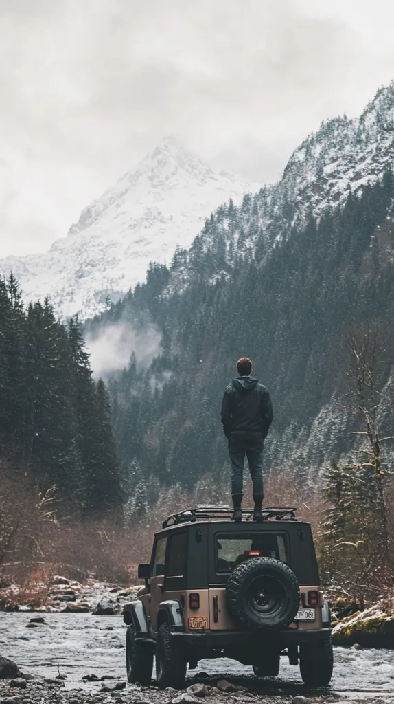 A man stands on top of a dark-colored Jeep, overlooking a serene mountain river.  The backdrop is a breathtaking vista of snow-capped mountains and a dense evergreen forest.  The scene evokes a sense of adventure and solitude in a pristine natural environment.  The weather appears overcast, adding to the dramatic atmosphere.