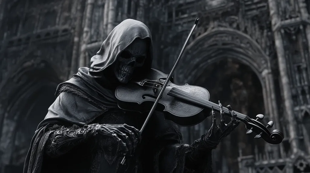 A grim reaper figure, cloaked in dark robes and possessing a skull-like face, is depicted playing a violin.  The monochrome image creates a somber atmosphere, emphasized by the gothic architecture in the background. The skeletal hands delicately hold the instrument, presenting a striking juxtaposition of death and artistry. The overall mood is dark, mysterious, and evocative.