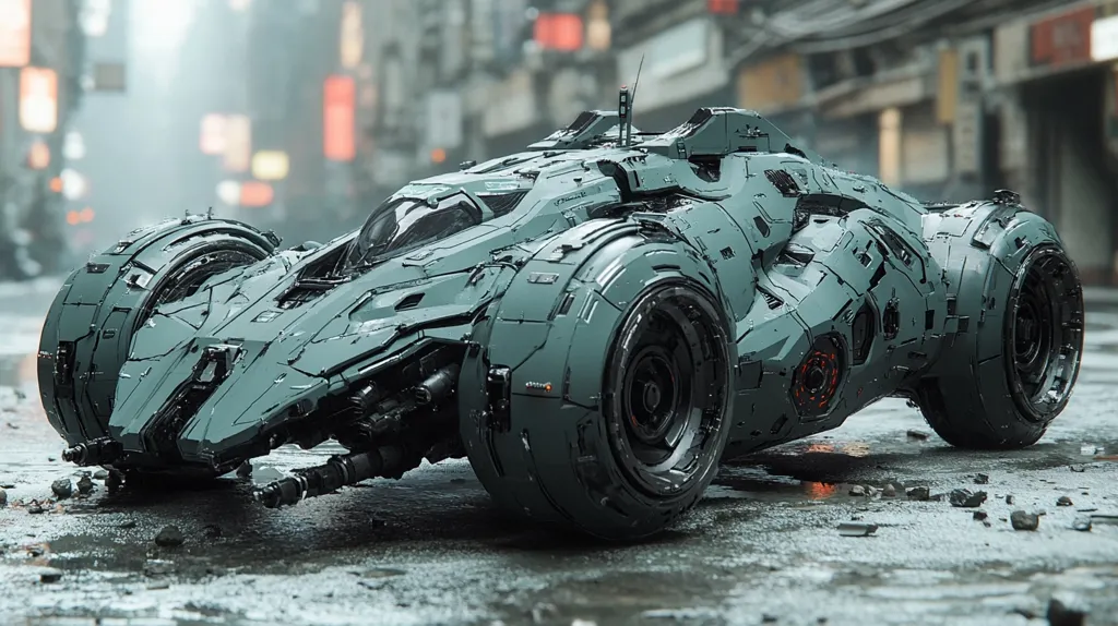 A futuristic, heavily armored vehicle sits on a rain-slicked city street.  Its design is angular and segmented, with large, robust wheels.  The vehicle's matte grey finish and complex mechanical details suggest a powerful, possibly military, application. The background is blurred, showing a futuristic cityscape with neon signs and muted colors. The overall mood is dark and gritty.