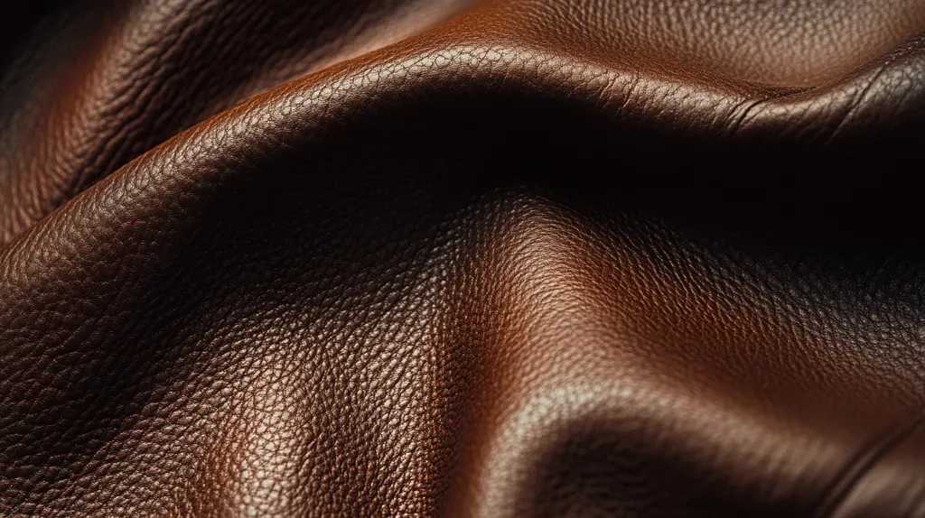 A close-up shot reveals the rich texture of dark brown leather.  The surface is subtly textured, exhibiting a pebbled grain. Soft folds and gentle curves create a dynamic interplay of light and shadow, highlighting the luxurious quality of the material. The image evokes a sense of warmth and high-end craftsmanship.