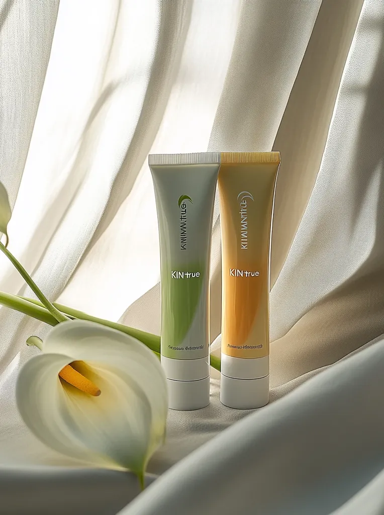 Two tubes of KINtrue skincare products are displayed against a soft, flowing fabric backdrop.  One tube is light green, labeled "Ceramido Hydro Gel," and the other is a pale orange, labeled "Panthenol Hydration Gel." A white calla lily adds a touch of elegance to the minimalist aesthetic.  The image emphasizes the clean and natural look of the products.