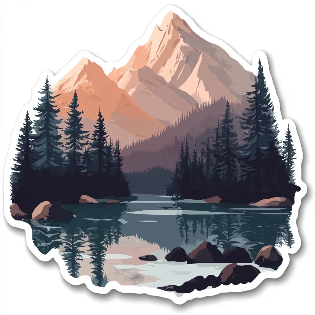 A sticker depicts a serene mountain lake scene.  Dark evergreen trees line the calm water, which reflects the surrounding landscape.  A majestic, snow-capped mountain range rises in the background, bathed in warm, sunset hues.  Rocks dot the shoreline, adding texture to the tranquil composition. The overall style is minimalist and evocative of nature's beauty.