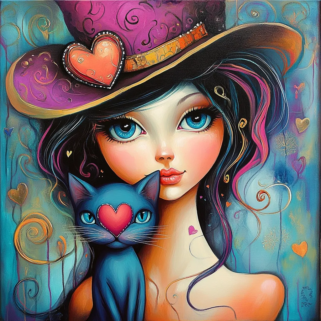A whimsical painting depicts a girl with large, expressive blue eyes, wearing a purple top hat adorned with a heart.  She gently holds a blue cat, also featuring a heart on its chest.  The vibrant colors and swirling background create a dreamy, romantic atmosphere, filled with small hearts and decorative flourishes. The style is reminiscent of fantasy art or children's book illustration.