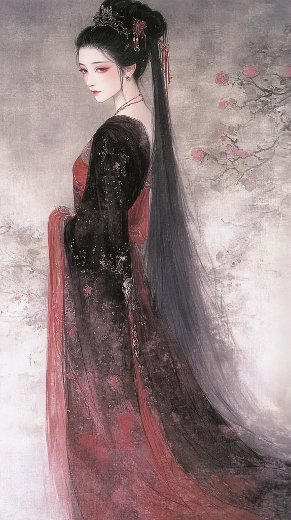 An elegant woman in a flowing, dark-red and black gown stands against a muted grey background.  Her long, dark hair is styled in a high bun adorned with elaborate jewelry.  A delicate crown sits atop her head. The painting style evokes a sense of grace and traditional East Asian aesthetics, with subtle brushstrokes and a soft color palette.  A flowering branch is faintly visible in the background.