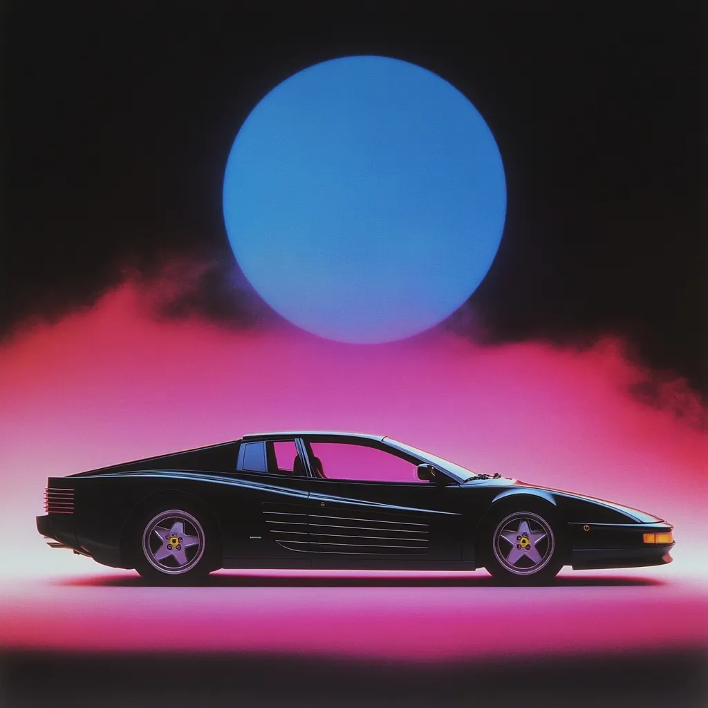 A sleek, black Ferrari Testarossa is the focal point of this vibrant, 80s-inspired image.  The car is sharply profiled against a backdrop of pink and purple hues, illuminated by a large, bright blue circle reminiscent of a stylized moon or spotlight.  The overall aesthetic evokes a retro, synthwave vibe, emphasizing the car's elegant lines and the era's bold color palette.