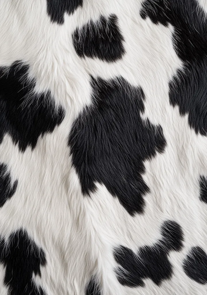 A close-up reveals the textured surface of a cowhide, showcasing its distinctive black and white pattern. The soft, furry texture is clearly visible, with the black patches varying in shape and size against the white background.  The image focuses on the natural beauty and unique markings of the animal hide.