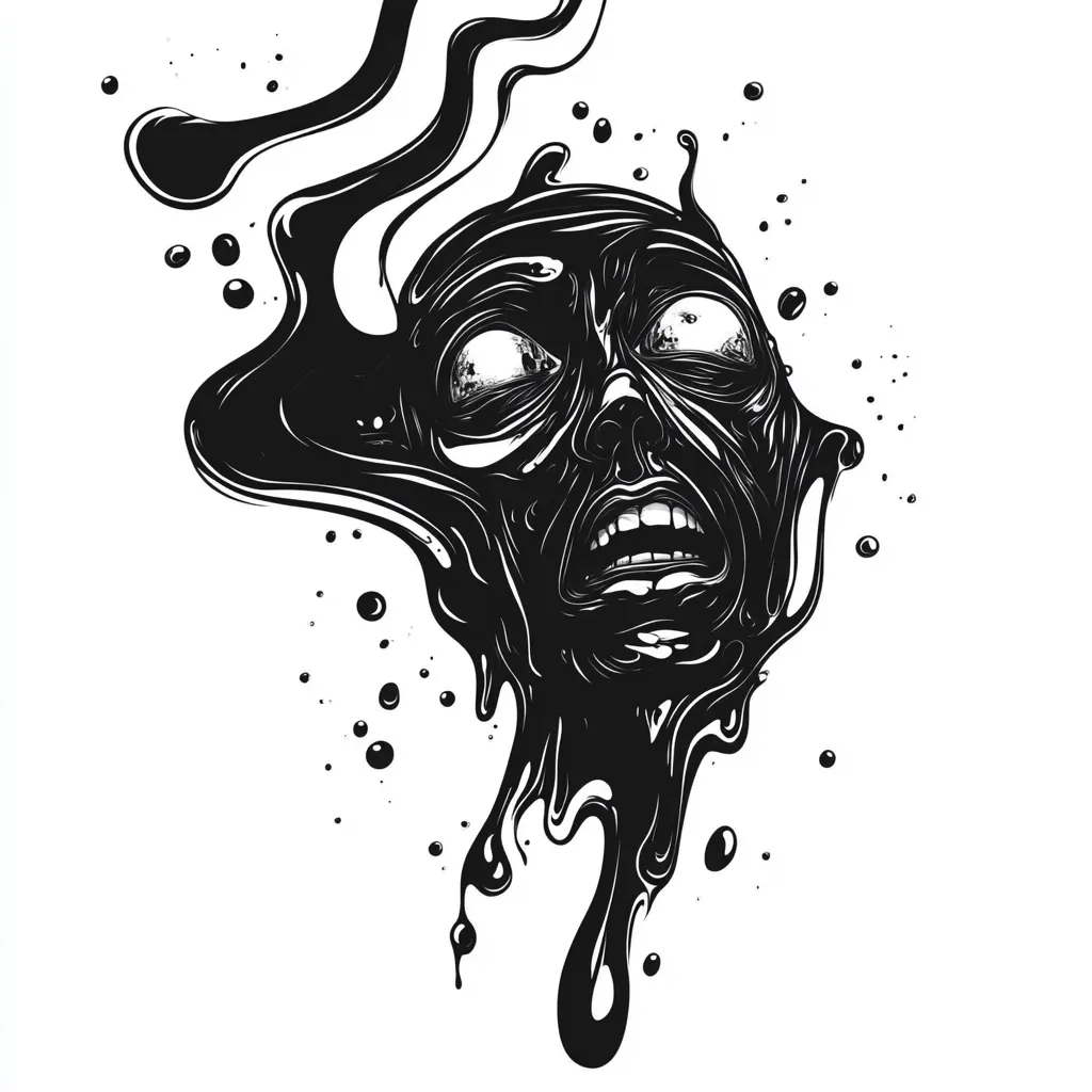 A black and white illustration depicts a grotesque, melting face contorted in a scream.  The visage is rendered in a style reminiscent of liquid ink or tar, dripping and flowing down the page.  Eyes are wide and filled with terror.  Surrounding the figure are scattered droplets, enhancing the sense of fluidity and unease. The overall effect is disturbing and surreal.