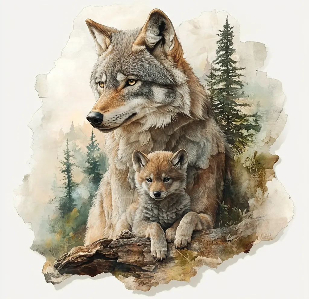 A watercolor painting depicts a majestic adult wolf and its young pup. The adult wolf, with its striking amber eyes and thick fur, sits protectively over its pup.  The pup, a lighter shade of brown, rests on a log, its paws neatly tucked.  The background features a misty forest, creating a serene and idyllic scene highlighting the bond between the wolves. The overall style is realistic and detailed, emphasizing the animals' texture and expression.