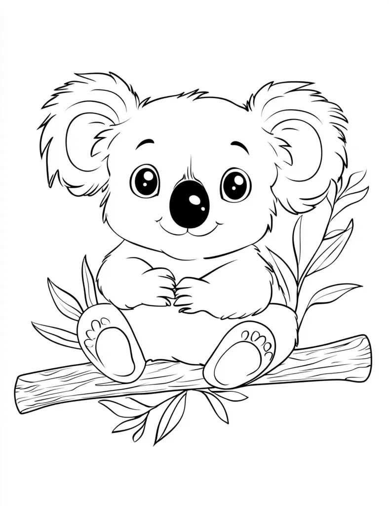 A cute koala bear sits contentedly on a tree branch, its large eyes and rounded body emphasized in a simple line drawing.  Surrounding the koala are stylized leaves, adding to the charming, childlike appeal of the illustration. The image is suitable for coloring, showcasing the koala's adorable features.  The koala's paws are visible, resting on the branch.
