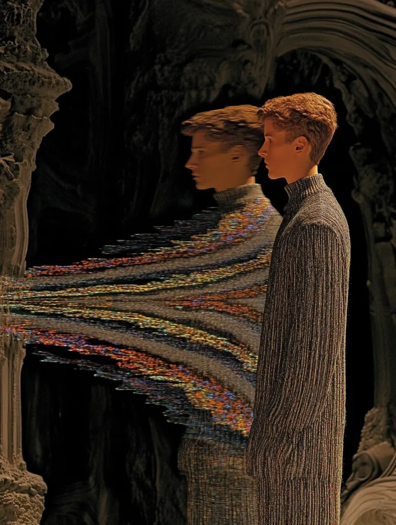 A young man in a textured, dark brown cardigan stands against a backdrop of a distorted, multicolored figure and an ornate, dark stone structure. The blurred figure seems to be a reflection or a ghost-like image of the young man, creating a surreal and atmospheric scene. The image suggests themes of duality, reflection, and the passage of time.  The overall mood is mysterious and contemplative.