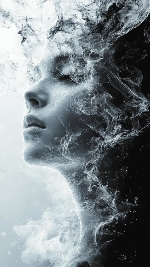 A grayscale digital art piece depicts a woman's face partially obscured by swirling, ethereal smoke or vapor.  Her eyes are closed, and her expression is serene. The texture is fluid and dreamlike, blending the figure with the abstract background.  The contrast between light and dark within the smoke creates a sense of depth and mystery. The overall effect is one of tranquility and transformation.
