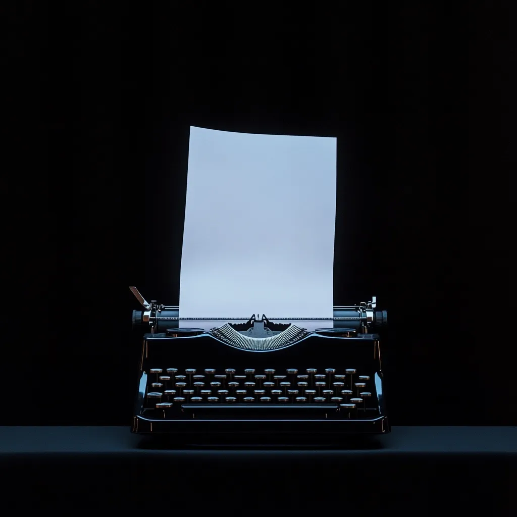 A vintage black typewriter sits on a dark surface, a blank sheet of paper poised in its carriage.  The scene is dramatically lit, highlighting the typewriter against a completely black background. The image evokes a sense of mystery and anticipation, suggesting an untold story or the potential for creative writing.  The contrast between the dark setting and the bright paper emphasizes the emptiness awaiting words.
