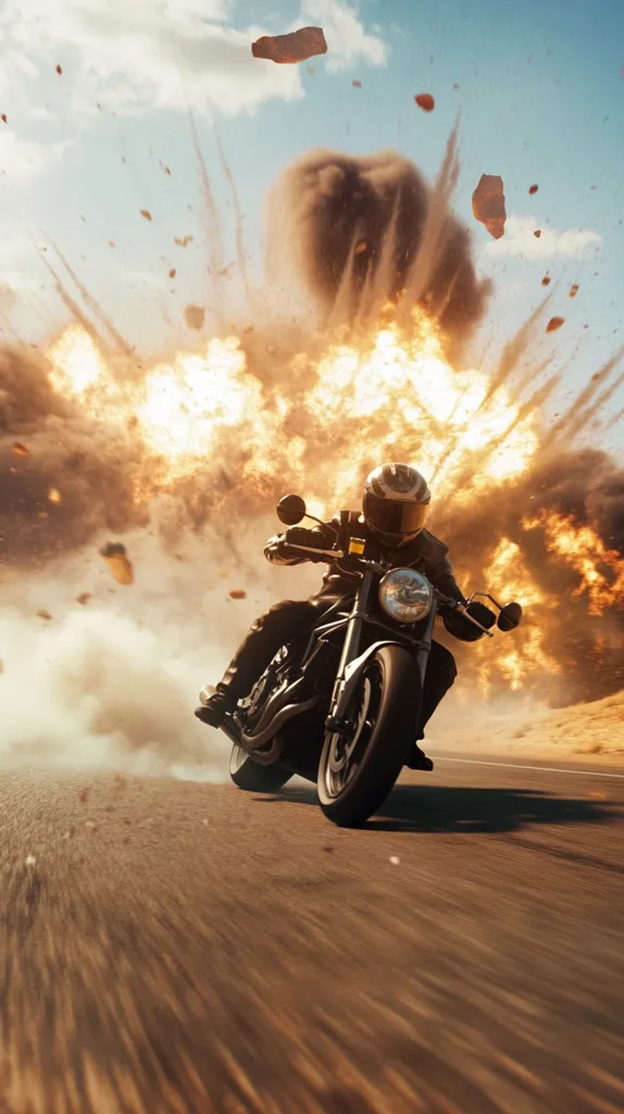 A motorcyclist speeds down a desert road, a massive explosion erupting behind them.  Debris and smoke fill the air as the rider, clad in a helmet and dark clothing, navigates the scene with determination. The powerful image conveys a sense of intense action and escape, possibly from a chase or disaster.  The contrast between the rider's focused movement and the chaos behind emphasizes the thrilling moment.