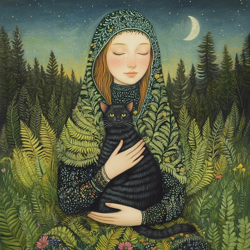 A serene young woman, cloaked in a dark green hooded garment adorned with fern patterns, sits amidst a lush forest.  Her eyes are closed, and she gently cradles a black cat against her chest.  The night sky, speckled with stars and a crescent moon, forms a mystical backdrop to this enchanting scene.  The overall mood is peaceful and imbued with a sense of magic.