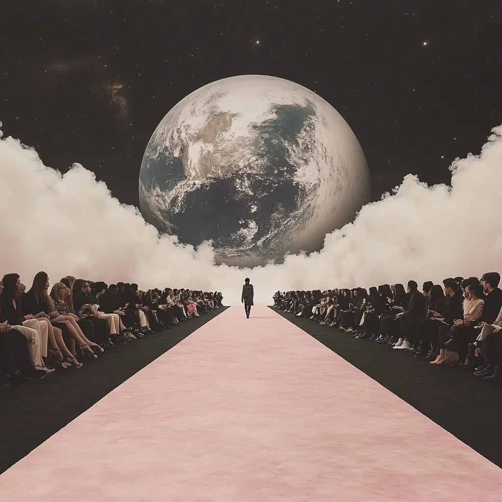 A surreal image depicts a runway stretching towards a colossal Earth suspended in space, amidst clouds. A lone figure walks the pale pink runway, flanked by rows of seated spectators. The scene blends fashion with cosmic wonder, creating a dreamlike atmosphere of grandeur and solitude. The contrast between the earthly fashion show and the celestial backdrop is striking and thought-provoking.