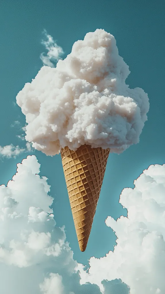 A surreal image depicts a large ice cream cone filled with fluffy white clouds, floating against a vibrant blue sky dotted with smaller, wispy clouds. The cone is a light brown waffle cone, and the "ice cream" is a voluminous, textured mass of clouds, creating a whimsical and dreamy atmosphere.  The overall effect is one of playful fantasy and unexpected juxtaposition.