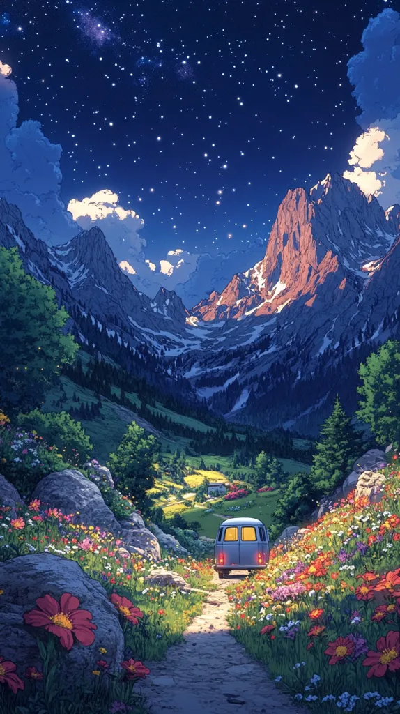 A vintage camper van travels down a path nestled within a vibrant, flower-filled valley.  Towering mountains, capped with snow, rise majestically in the background under a breathtaking night sky filled with stars. The scene is serene and idyllic, evoking a sense of adventure and tranquility.  The artwork is highly stylized, with bold colors and detailed lines.