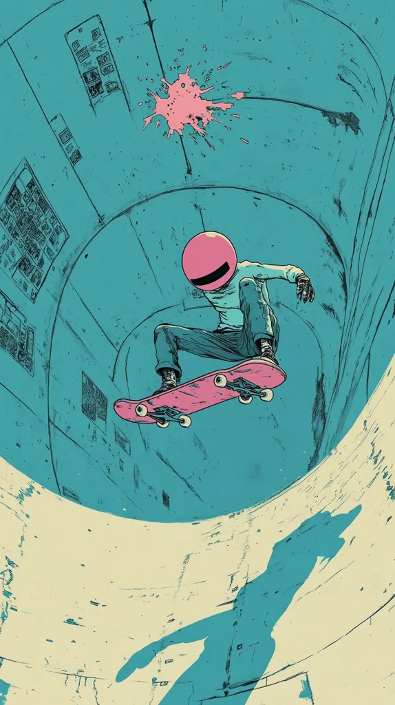 A stylized illustration depicts a skateboarder with a pink helmet-like head.  The skater performs a trick inside a teal, curved tunnel adorned with markings resembling graffiti or technical schematics.  A pink splatter is visible on the wall, adding to the dynamic energy of the scene. The overall style is reminiscent of graphic novel art, with bold outlines and flat colors.  The skater's shadow is cast onto the tunnel's lower wall.