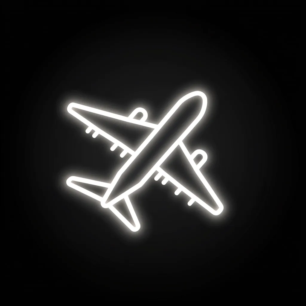 The image shows a simple white outline drawing of an airplane against a black background.  The airplane is depicted in a top-down perspective, its wings slightly angled. The lines are clean and the style is minimalist, resembling a neon sign or digital icon.  It represents air travel or aviation.