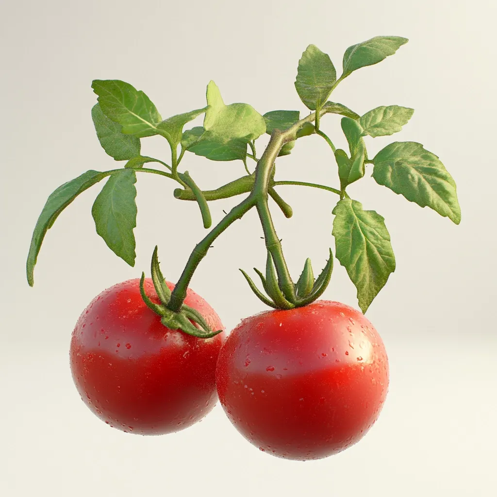 Two ripe, red tomatoes still attached to the vine are presented against a light beige background.  The tomatoes are glistening with water droplets, and the vine features lush green leaves.  The image showcases the vibrancy and freshness of the produce.