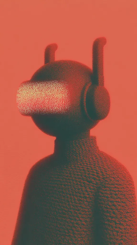 A stylized 3D rendering depicts a creature resembling a robot or alien.  It has a rounded head with antenna-like protrusions and large, dark earmuffs. A textured, almost fuzzy, surface covers its body and head.  A rectangular screen on its face displays a glitching pattern. The figure is set against a solid coral-red backdrop, creating a striking contrast. The overall aesthetic is minimalist and somewhat surreal.