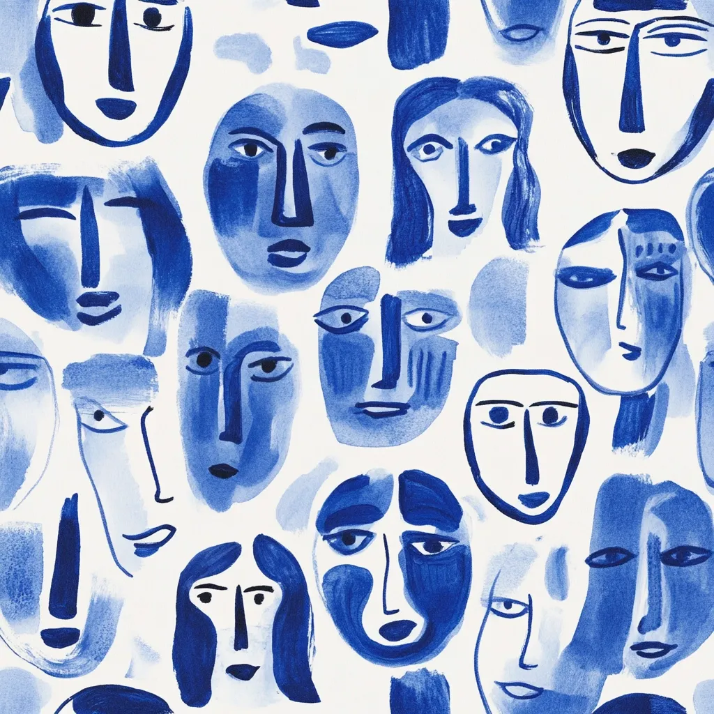 A watercolor painting features numerous stylized faces in varying shades of blue against a white background. The faces are abstract, with simplified features and expressive brushstrokes.  They overlap and intermingle, creating a sense of density and community.  The overall style is modern and expressive, with a focus on the emotional impact of the collective faces.