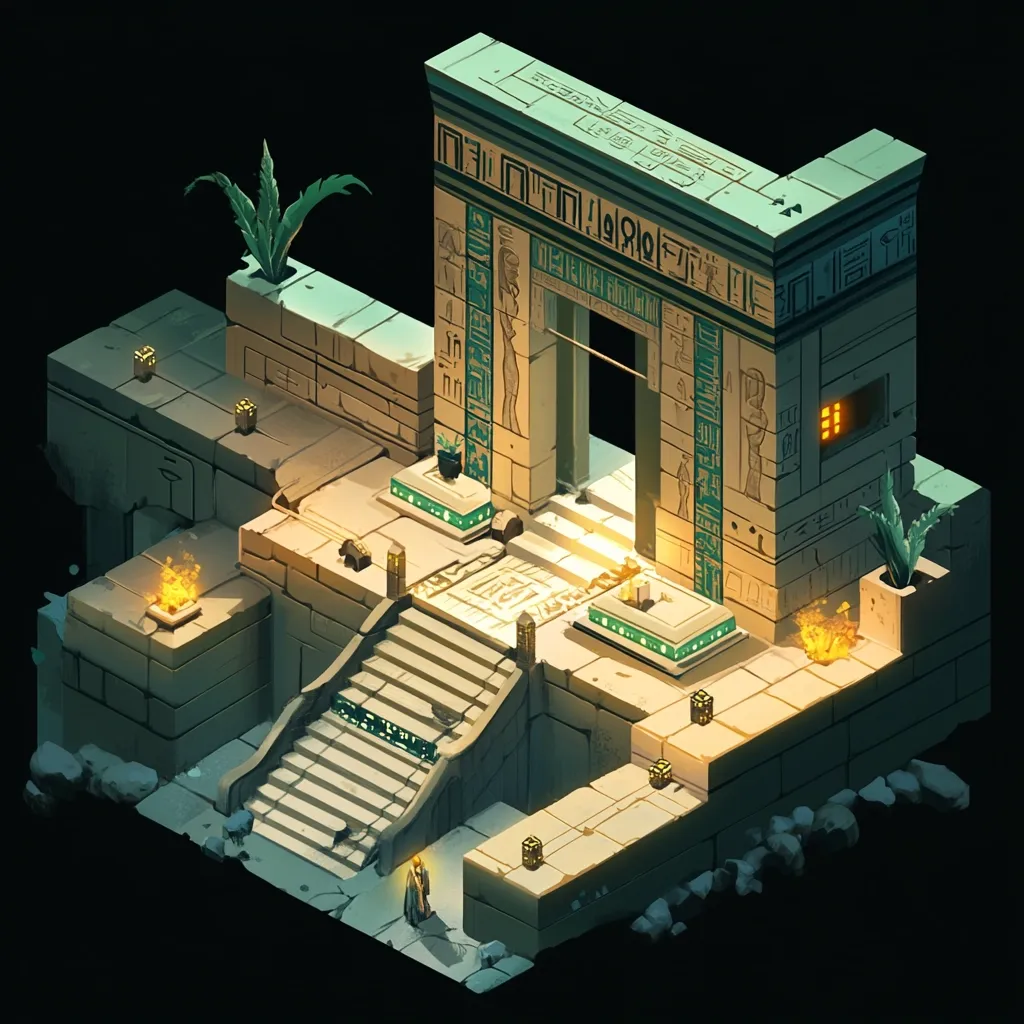 An isometric illustration depicts an ancient Egyptian-style temple entrance.  Stone stairs lead up to a grand gateway, intricately carved with hieroglyphs and featuring  standing figures.  Small fires burn at intervals, casting a warm glow on the beige stonework and teal accents.  Small, cube-shaped objects are scattered around the structure. A lone figure in a robe stands at the base of the stairs, adding a sense of scale and mystery. The overall style is stylized and evocative of a video game asset.
