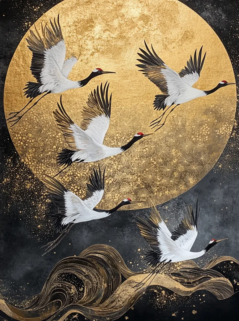 Five majestic red-crowned cranes gracefully soar against a backdrop of a luminous gold moon.  The elegant birds are depicted in exquisite detail, their wings outstretched in flight.  The artwork uses a striking contrast of dark and gold, creating a sense of ethereal beauty and tranquility.  The golden moon and swirling waves add depth and symbolic meaning, evoking feelings of peace and serenity.