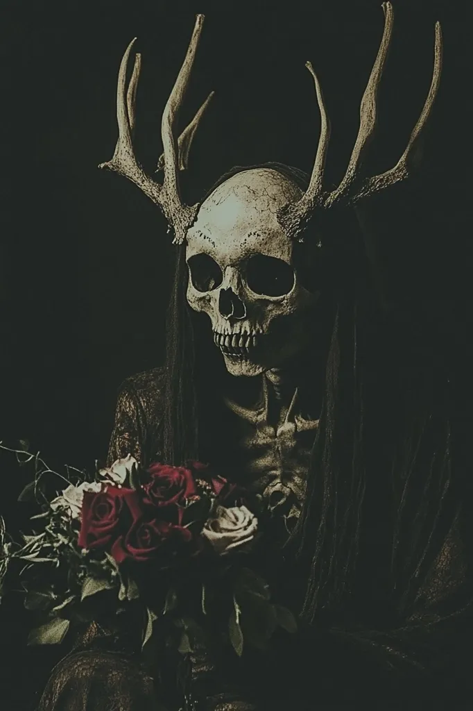 A skeletal figure, adorned with large antlers, holds a bouquet of dark red and cream roses.  The skull-like face is detailed and expressive, contrasting with the somber mood.  The dark, gothic aesthetic is emphasized by the dimly lit background and the figure's long, dark hair or cloak. The image evokes a sense of mystery and macabre beauty.