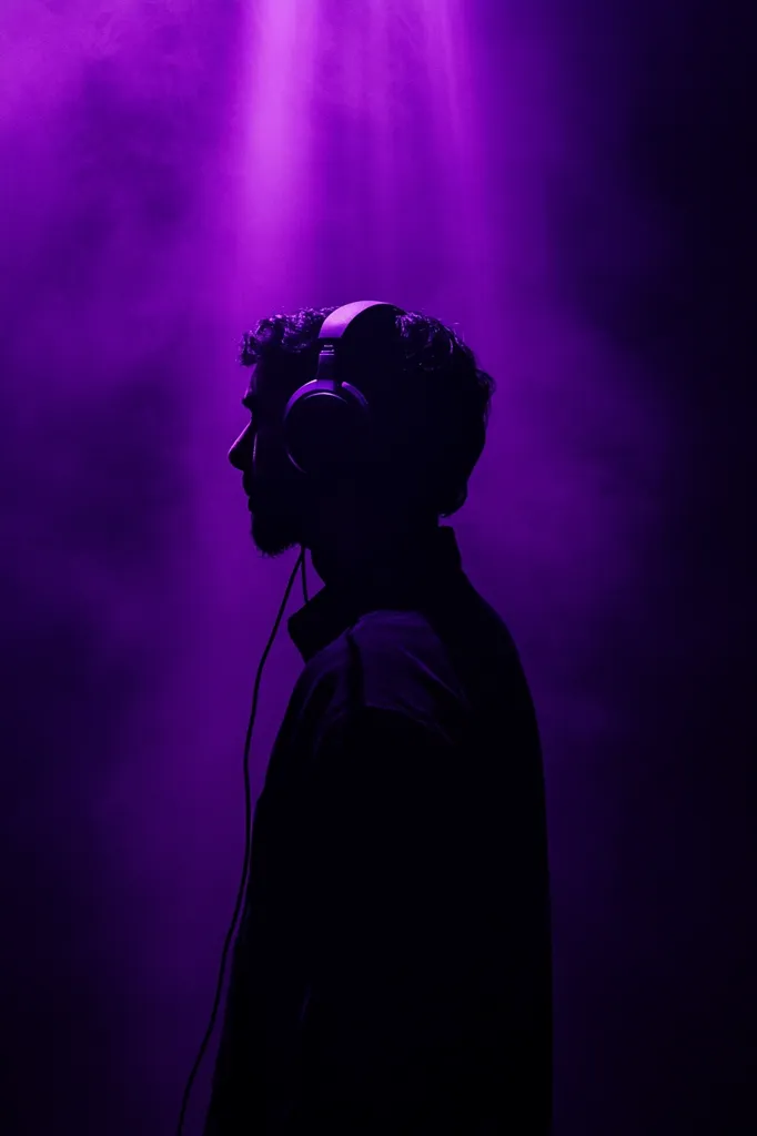 Silhouetted against a vibrant purple backdrop, a person wearing over-ear headphones stands in profile.  A beam of light illuminates them from above. The atmosphere is moody and dramatic, suggesting a musical or artistic setting. The focus is on the figure's form and the contrasting light and shadow.  The image evokes a sense of mystery and concentration.