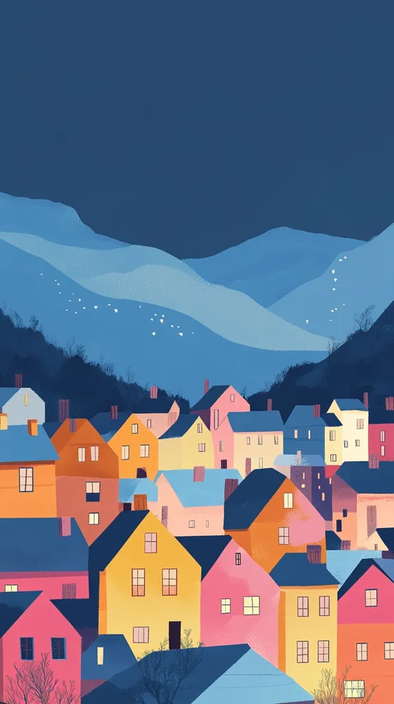 A stylized illustration depicts a charming village nestled against a backdrop of rolling, blue-hued mountains under a twilight sky.  Brightly colored houses, rendered in a flat, almost graphic style, are clustered together, their varied shapes and pastel tones creating a visually appealing scene.  A flock of birds flies across the evening sky, adding a peaceful, idyllic quality to the artwork.