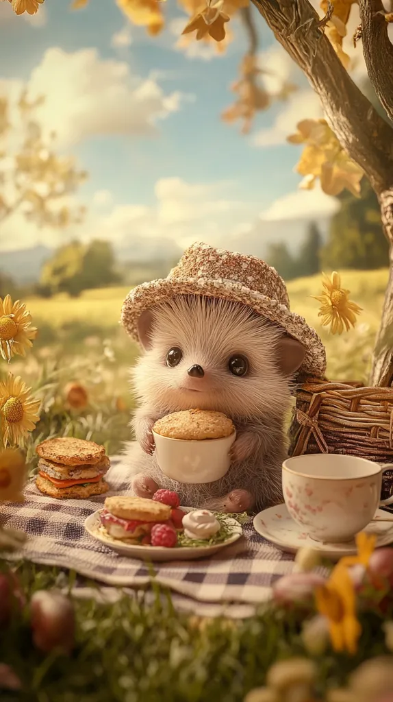 A cute hedgehog, wearing a tiny straw hat, enjoys a delightful picnic.  Surrounded by a picturesque autumnal scene, it holds a cup and saucer, with sandwiches and pastries nearby on a checkered blanket.  The warm sunlight and soft focus create a whimsical, charming atmosphere.  A wicker basket and wildflowers complete the idyllic setting.