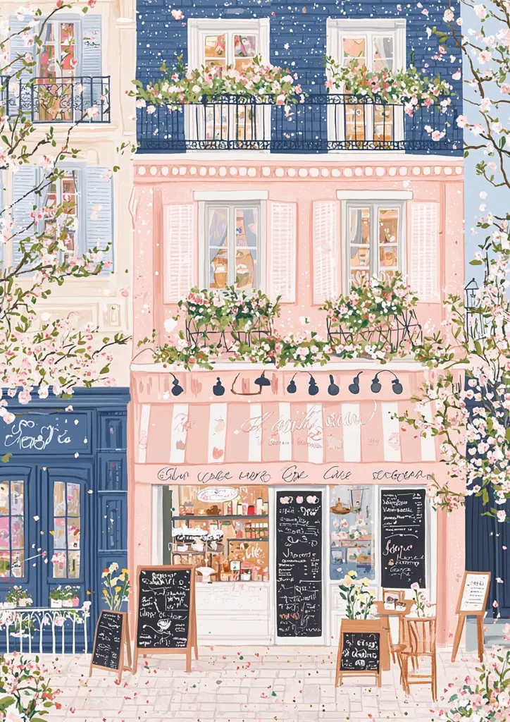 A charming illustration depicts a Parisian street scene.  A pastel pink building houses a charming bakery, its storefront adorned with a striped awning and chalkboards displaying delectable treats.  Cherry blossoms fall gently, adding a touch of springtime magic.  Adjacent buildings, one in soft blue, complete the picturesque setting, with balconies overflowing with flowers.  The overall style is whimsical and inviting.