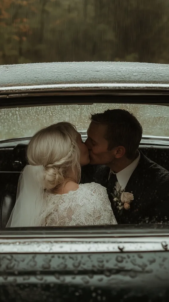 A bride and groom share a tender kiss inside a vintage car on a rainy day.  The bride wears a delicate lace gown and veil, while the groom is in a dark suit. Rain droplets cover the car's exterior, creating a romantic and atmospheric backdrop.  The couple's intimate moment is captured through the car's rear window.