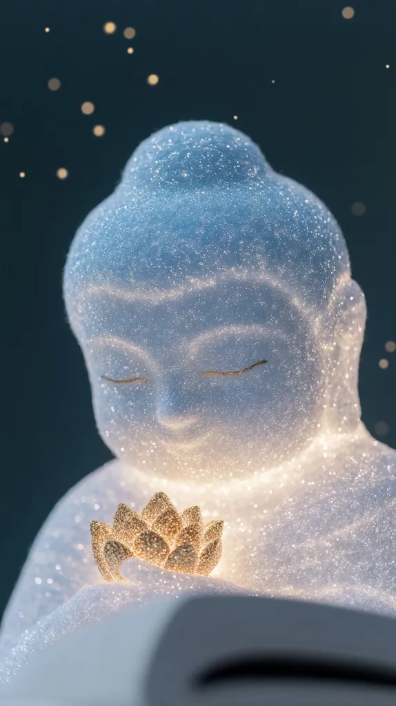 A serene image of a glittering, white Buddha statue illuminated from within.  The Buddha's eyes are closed, conveying peace.  A golden lotus flower rests gently in its lap, adding to the spiritual ambiance.  The background is a dark teal, speckled with soft, golden lights, enhancing the ethereal quality of the scene.
