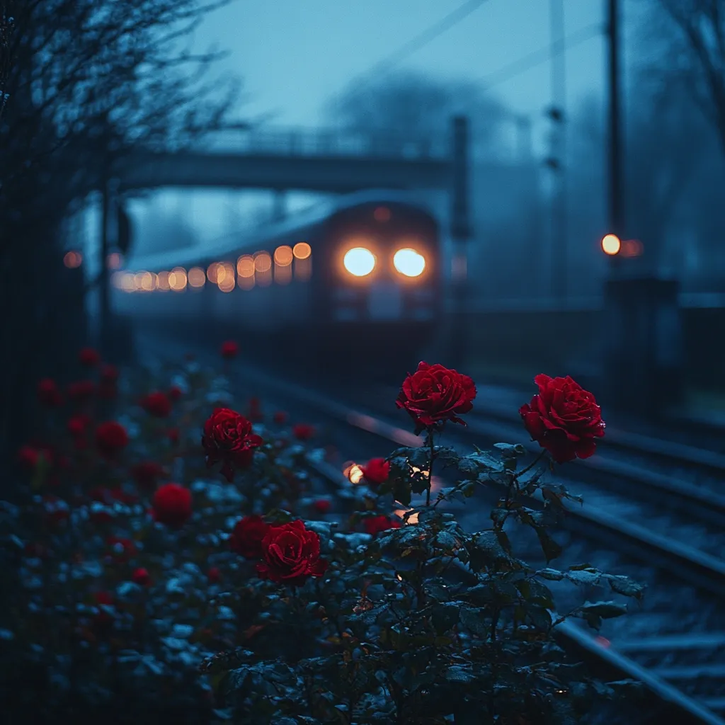 A moody, atmospheric photograph depicts a train passing in the background, blurred but with its warm lights visible, while in the foreground, several dark red roses are in sharp focus.  The scene is set at dusk or night, with a cool blue tone dominating the image.  Rain or moisture is subtly suggested on the rose petals and leaves. The overall feeling is romantic and slightly melancholic.