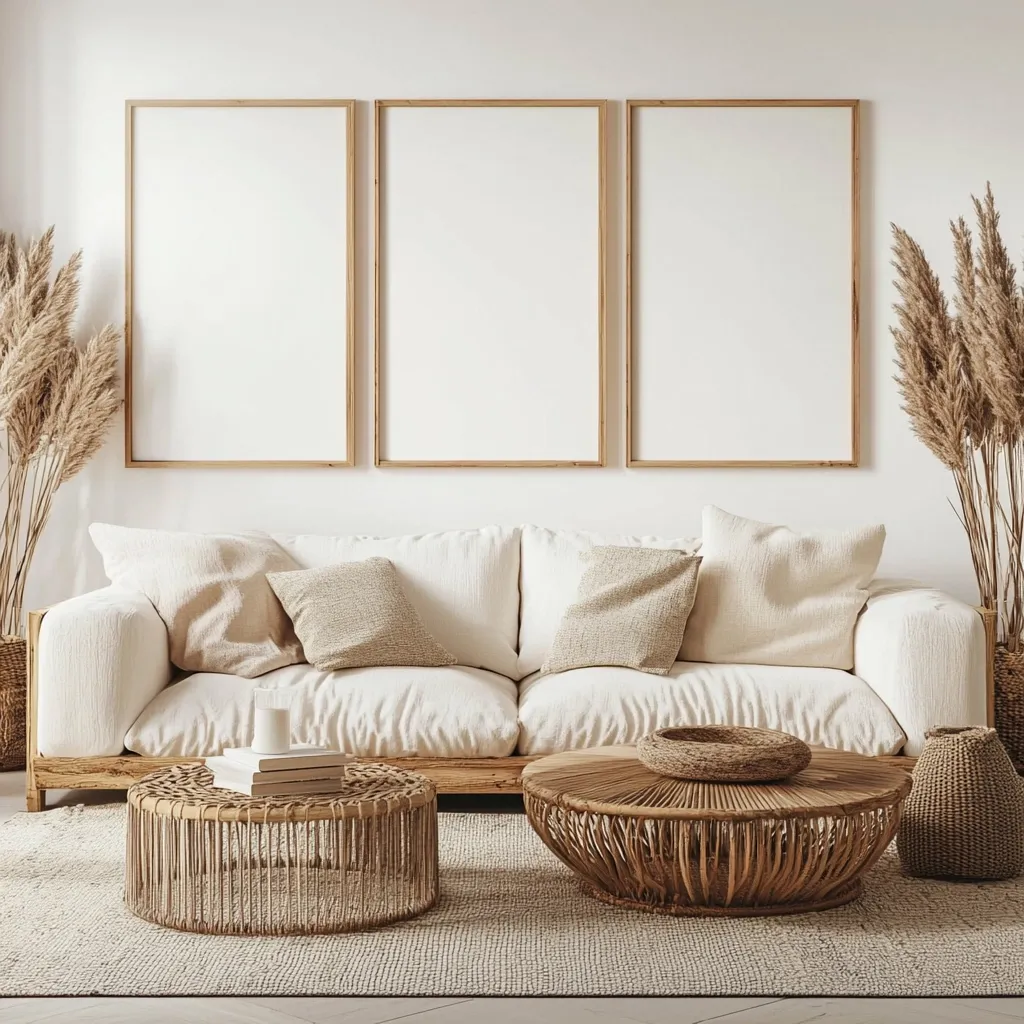 A minimalist living room features a cream linen sofa adorned with neutral cushions.  Three large, light wood-framed canvases hang above.  The room is accented with woven rattan coffee tables, a textured rug, and pampas grass in woven baskets, creating a serene and stylish bohemian aesthetic.  The overall color palette is warm and earthy.