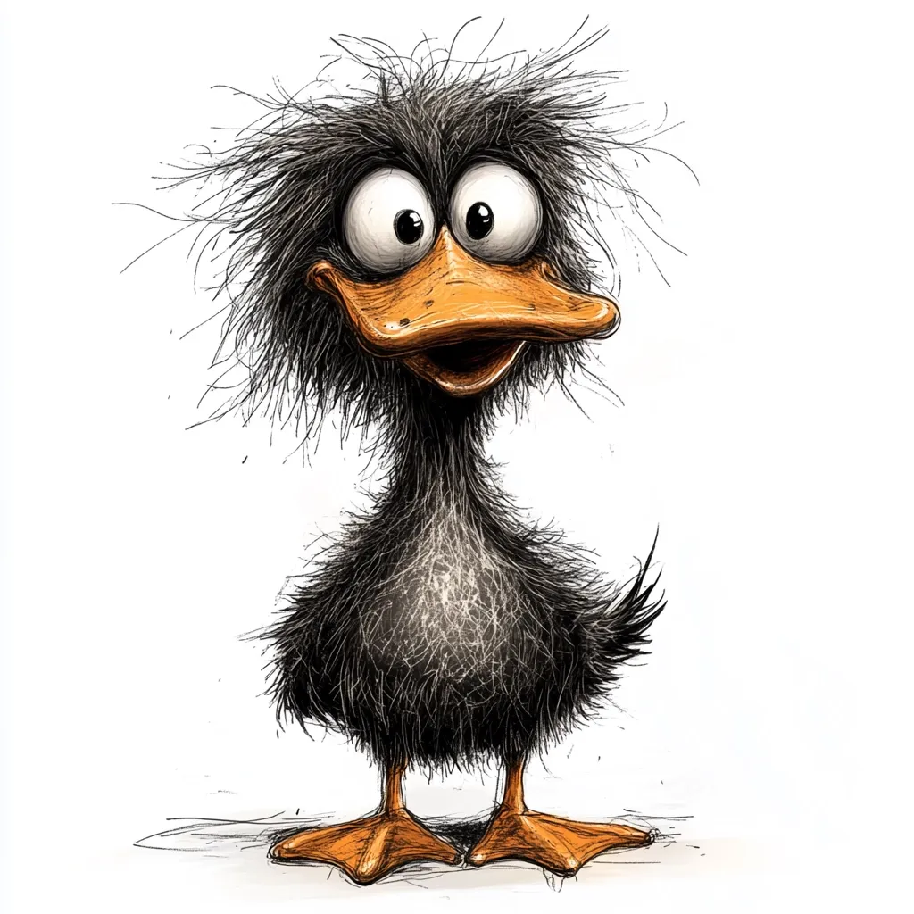 A whimsical illustration of a duckling with wildly unkempt black feathers.  Its large, expressive eyes and bright orange beak create a comical effect. The duckling stands upright, its small orange feet planted firmly on the ground. The drawing style is expressive and cartoonish, with a focus on capturing the duckling's personality.
