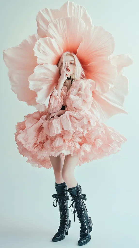 A young woman with blonde hair poses in a whimsical, voluminous pink dress resembling a giant flower. The dress's ruffled layers create a soft, ethereal effect, contrasting with her black, lace-up boots.  The overall aesthetic is a blend of delicate femininity and subtle gothic elements, creating a captivating and surreal image.