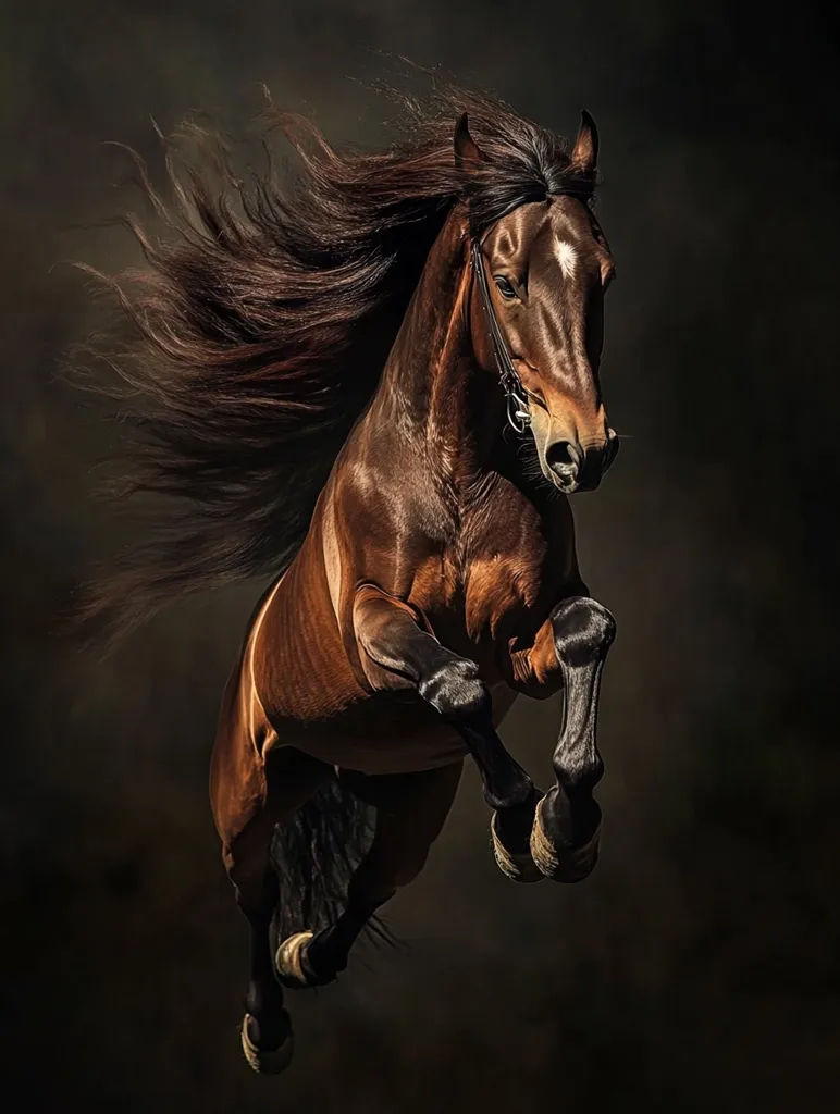 A stunning dark brown horse with a flowing, long mane leaps majestically against a dark, moody backdrop.  The horse's powerful muscles are visible as it soars through the air, its legs extended.  The image captures a sense of energy and freedom, highlighting the beauty and grace of the animal. The dark setting accentuates the horse's rich coat and dramatic pose.
