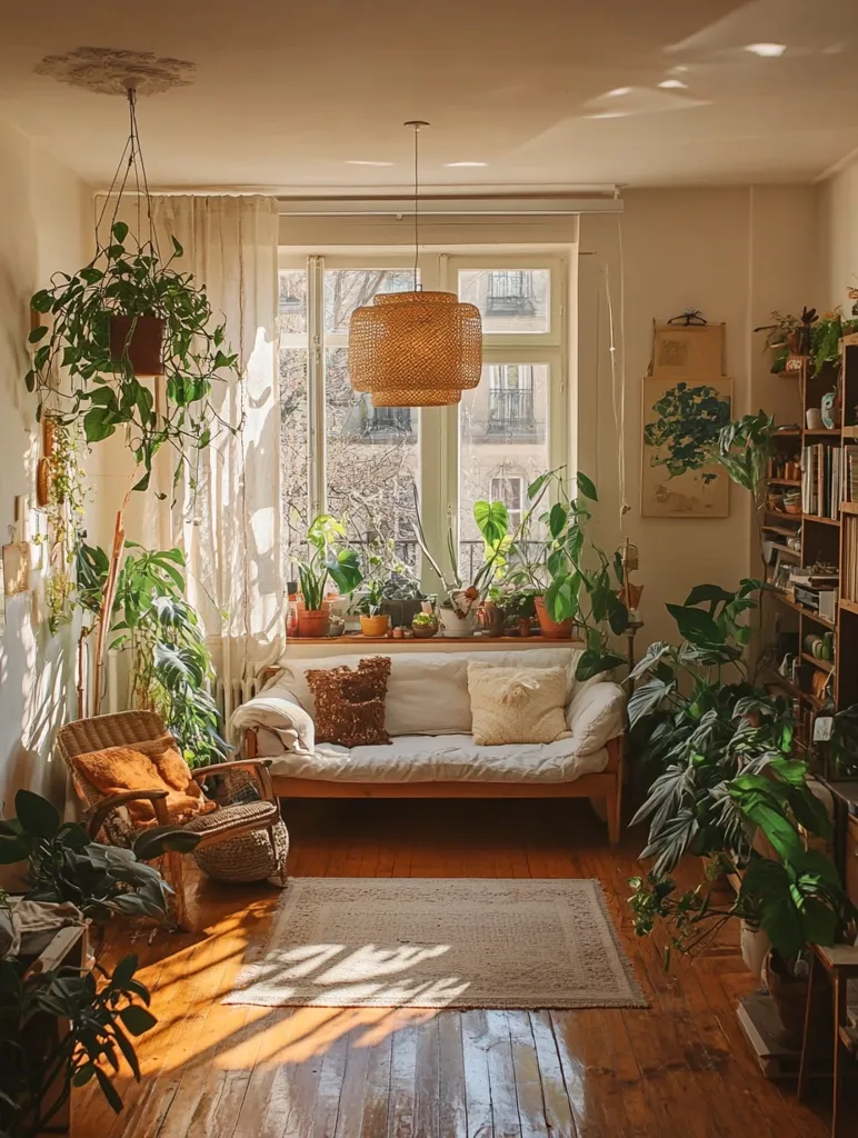 Sun-drenched living room with hardwood floors, a light beige rug, and a white daybed.  Abundant potted plants fill the space, creating a lush, bohemian atmosphere.  A woven pendant light hangs above the daybed, and a wicker armchair sits nearby.  The overall style is cozy and plant-filled, enhanced by natural light streaming through a large window.  Bookshelves and artwork complete the scene.