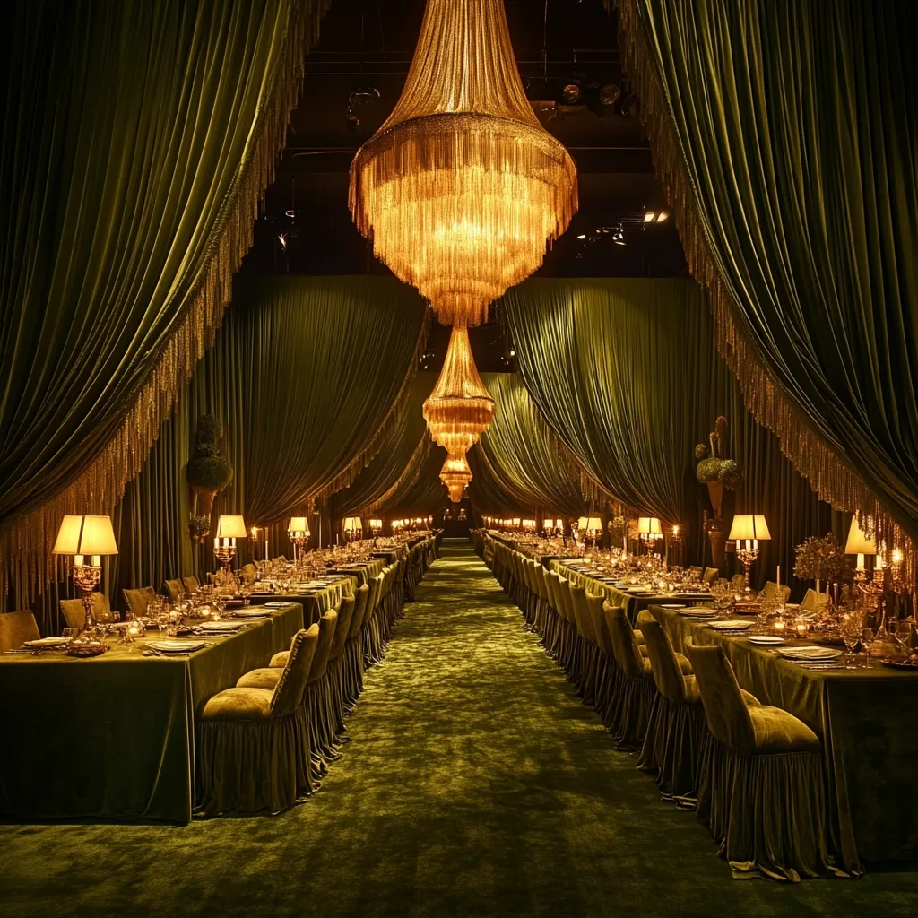 A lavishly decorated event space features long, elegantly draped green tables set for a formal dinner.  Golden chandeliers hang from the ceiling, casting a warm glow on the scene.  The walls are adorned with deep green velvet curtains, adding to the opulent atmosphere.  Small, potted plants are placed as centerpieces, enhancing the luxurious ambiance. The overall effect is one of refined elegance and grandeur.