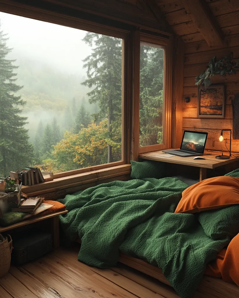 A cozy cabin bedroom features a large window overlooking a misty forest.  A green textured duvet covers a bed nestled in the corner, complemented by burnt orange pillows. A small wooden desk with a laptop sits beside the bed.  Books and plants add to the rustic, tranquil atmosphere of this woodland retreat.  Warm lighting enhances the cabin's wooden interior.