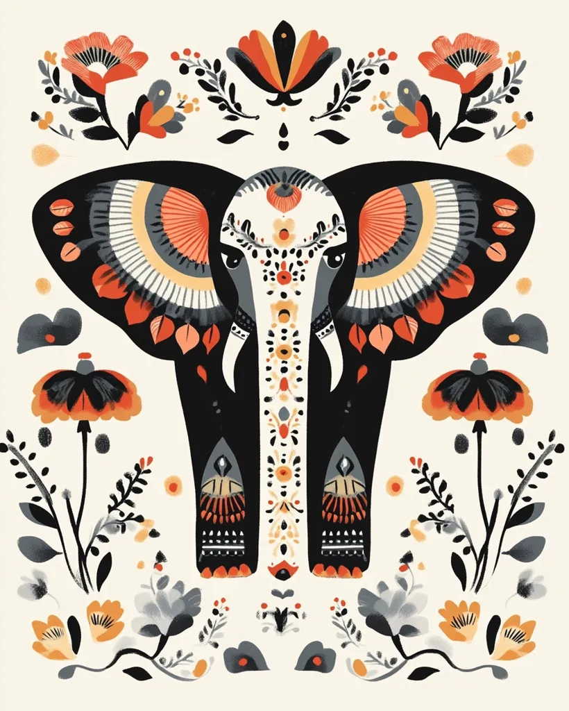 A stylized illustration of an elephant's head, adorned with intricate floral and geometric patterns in shades of black, orange, and gray.  The elephant's ears resemble butterfly wings, and its body is decorated with symmetrical designs. The background features a cream-colored canvas, enhancing the vibrancy of the artwork's colors and patterns.  Surrounding the elephant are flowering plants, adding to the overall ornate aesthetic.