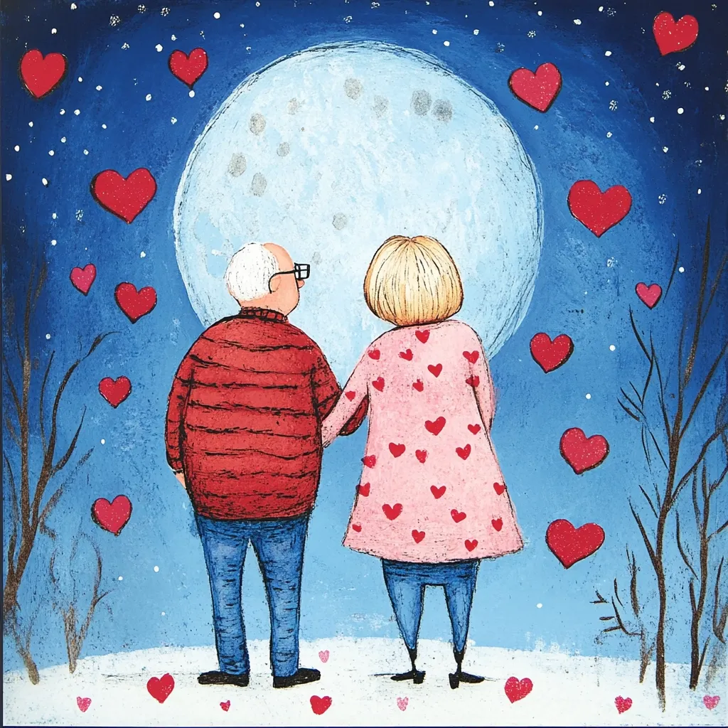 An elderly couple, hand-in-hand, stands before a large, full moon under a night sky sprinkled with small hearts.  The woman wears a pink coat adorned with tiny hearts, and the man sports a red sweater.  Their backs are to the viewer, creating a serene, romantic image evoking enduring love and companionship.  The overall style is whimsical and charming.