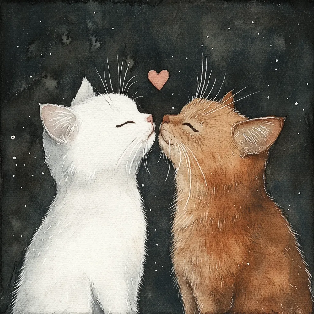 A watercolor painting depicts two kittens, one white and one orange, gently nuzzling each other against a dark, starry background.  A small, light pink heart floats between them, symbolizing their affection. The kittens' eyes are closed, conveying a sense of peace and love.  The style is soft and whimsical, evoking a feeling of tenderness and romance.