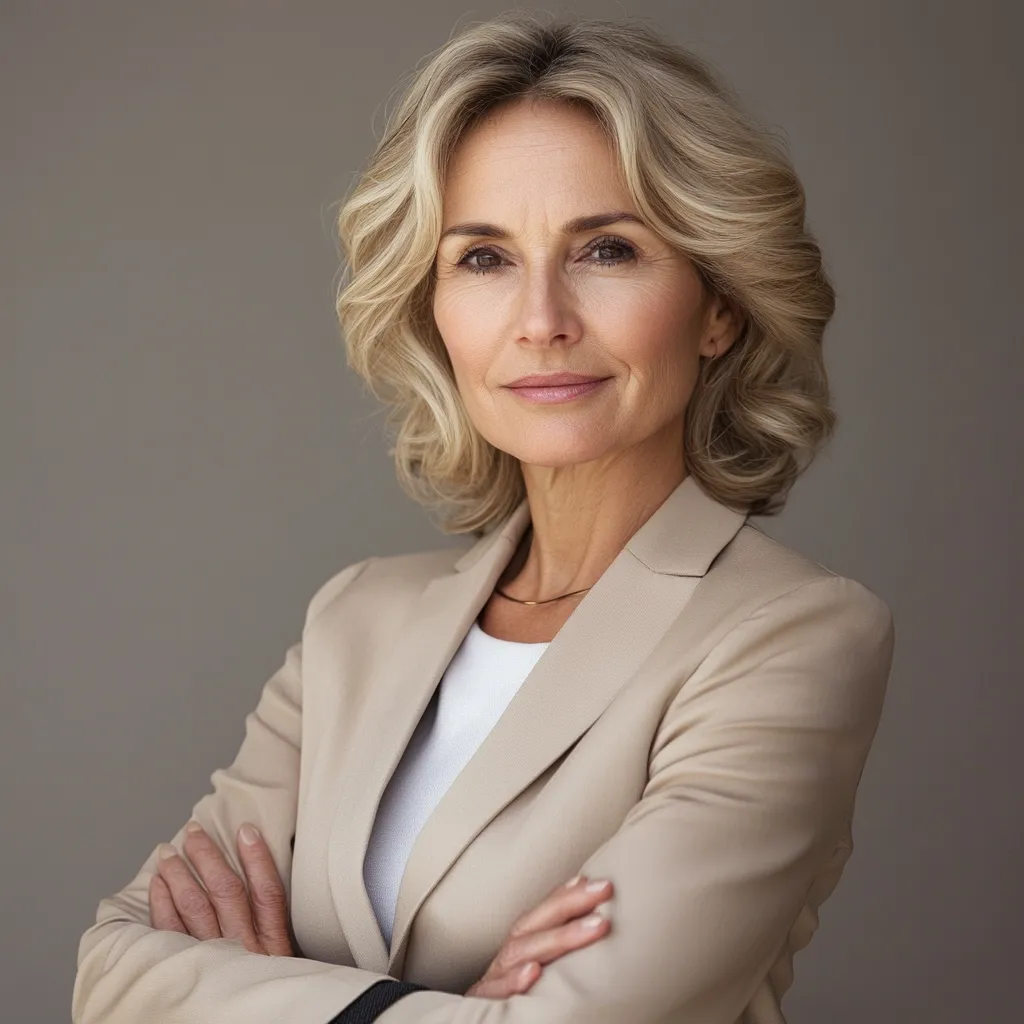 A confident middle-aged woman with shoulder-length blonde hair stands with her arms crossed against a muted gray background. She's wearing a light beige blazer over a white top, projecting an air of competence and composure.  Her expression is calm and self-assured, suggesting strength and experience.  The image conveys a sense of professionalism and success.