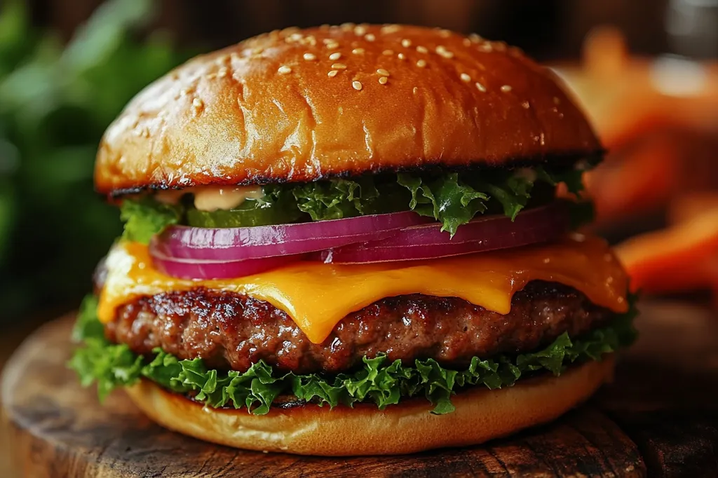 A juicy cheeseburger is the star of this close-up shot.  The sesame seed bun cradles a perfectly grilled patty, melted cheddar cheese, red onion slices, and crisp lettuce.  The burger's rich colors and textures are highlighted against a dark, rustic background, hinting at a delicious, satisfying meal.  The image evokes feelings of comfort and indulgence.